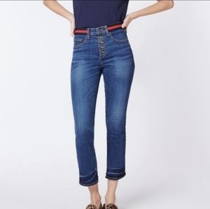 Veronica Beard Carolyn Baby Boot Flare High Rise Jean Red Blue Waist Detail